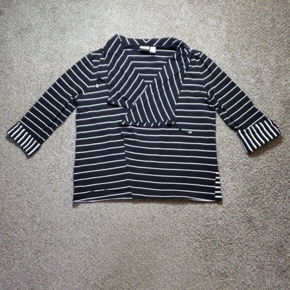 Sweaters - Zenergy by Chicos Cardigan Womens 2 Black White Striped Nautical Open Front